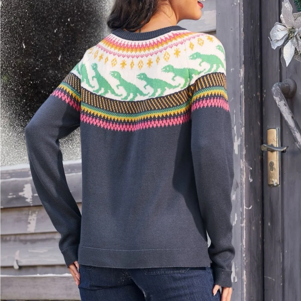 Modcloth Retro Charm Raglan Dinosaur Fair Isle Sweater - Picture 4 of 12